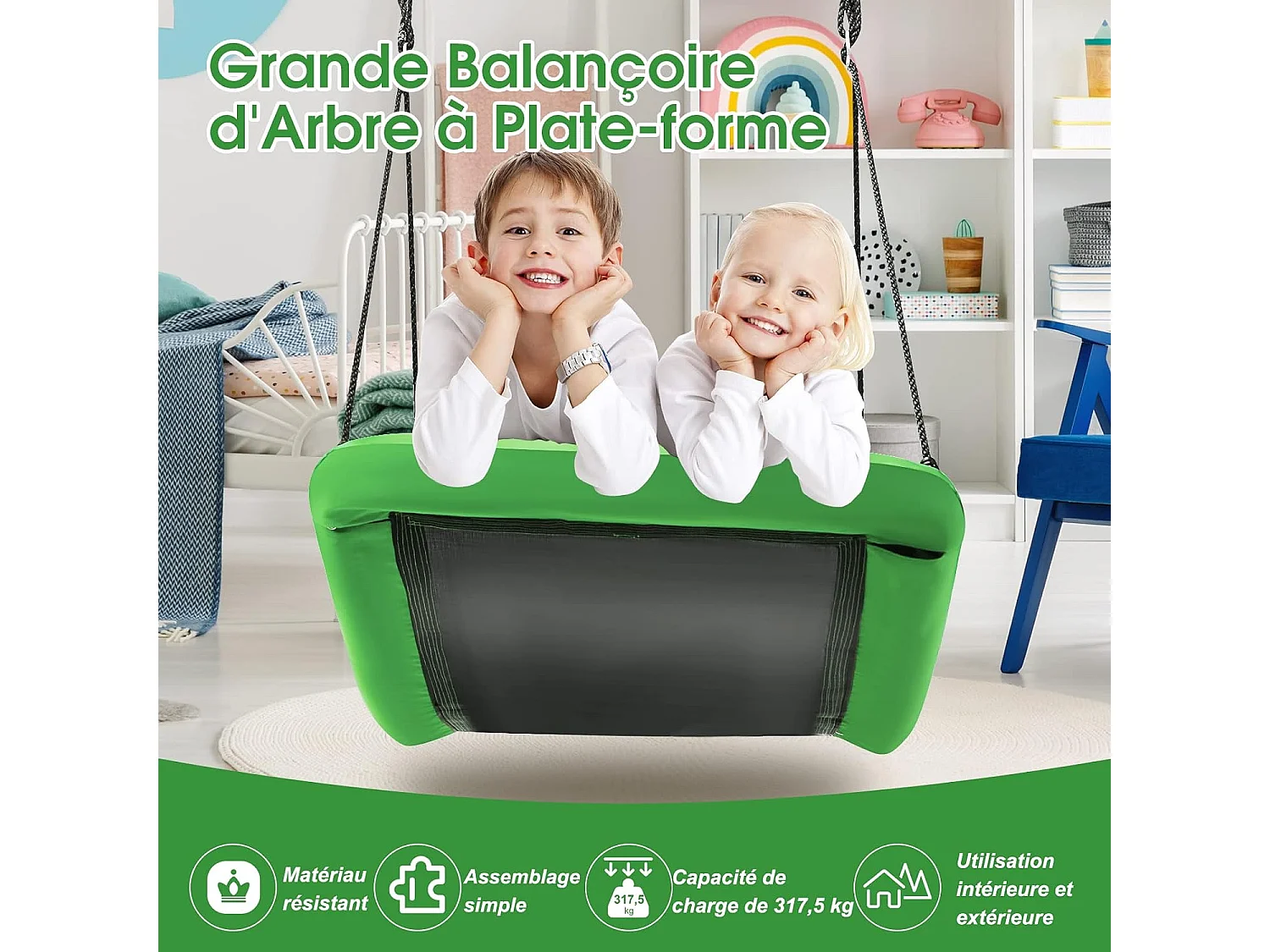 Balançoire Nid d'Oiseau Extérieur Rectangulaire 83 x 155 cm en Tissu et velours Oxford avec Cordes de Réglables Charge Max 120KG Vert