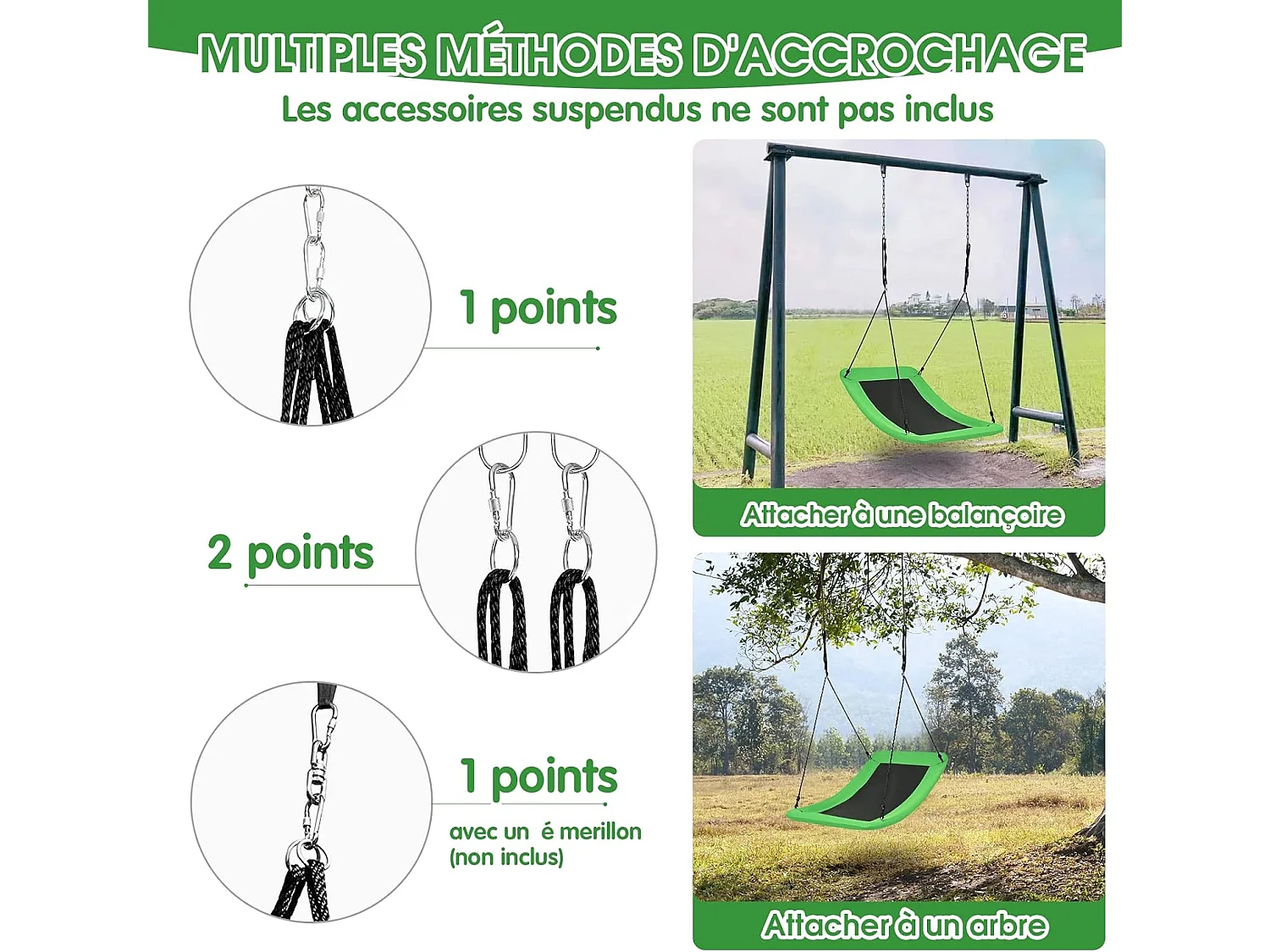 Balançoire Nid d'Oiseau Extérieur Rectangulaire 83 x 155 cm en Tissu et velours Oxford avec Cordes de Réglables Charge Max 120KG Vert