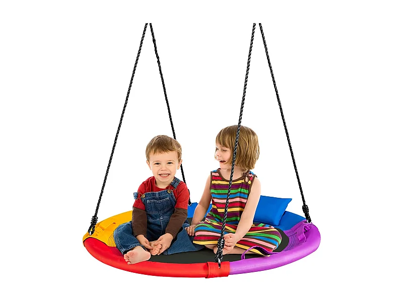 Balançoire Nid d'Oiseau Ronde Ø100CM pour Enfants, avec Oreiller et Poignée Coloré