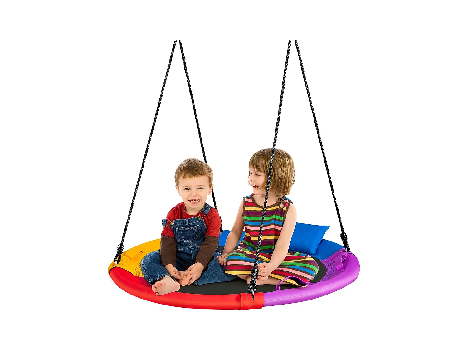 Balançoire Nid d'Oiseau Ronde Ø100CM pour Enfants, avec Oreiller et Poignée Coloré