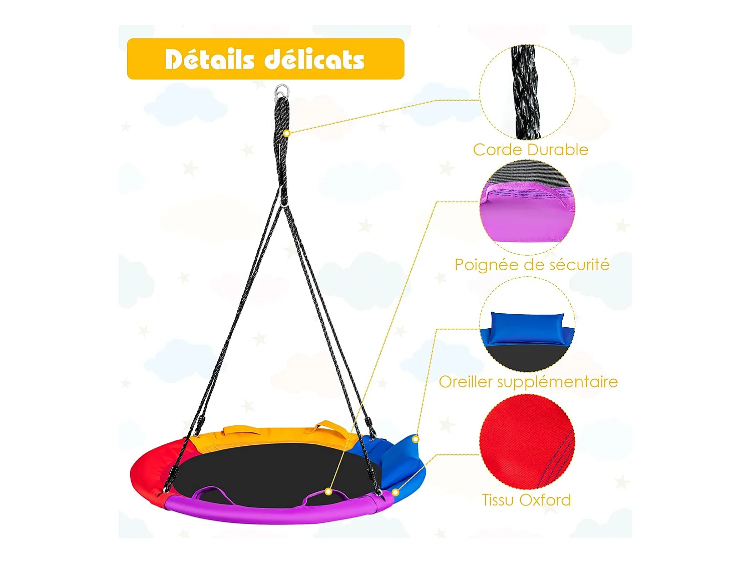 Balançoire Nid d'Oiseau Ronde Ø100CM pour Enfants, avec Oreiller et Poignée Coloré