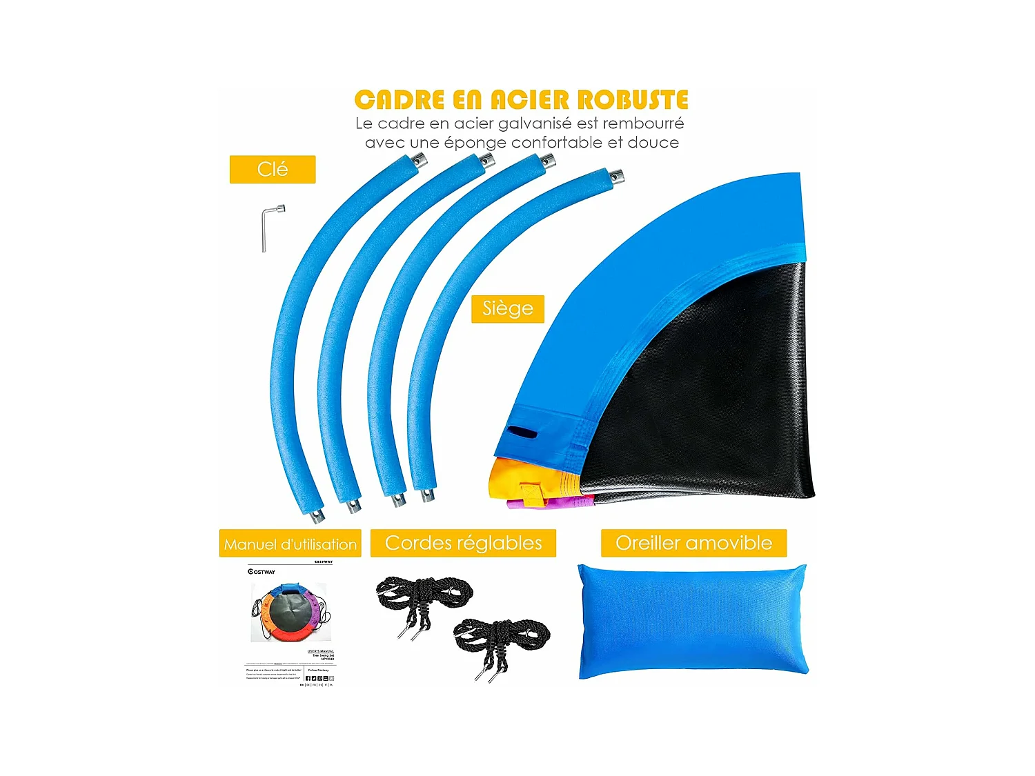 Balançoire Nid d'Oiseau Ronde Ø100CM pour Enfants, avec Oreiller et Poignée Coloré