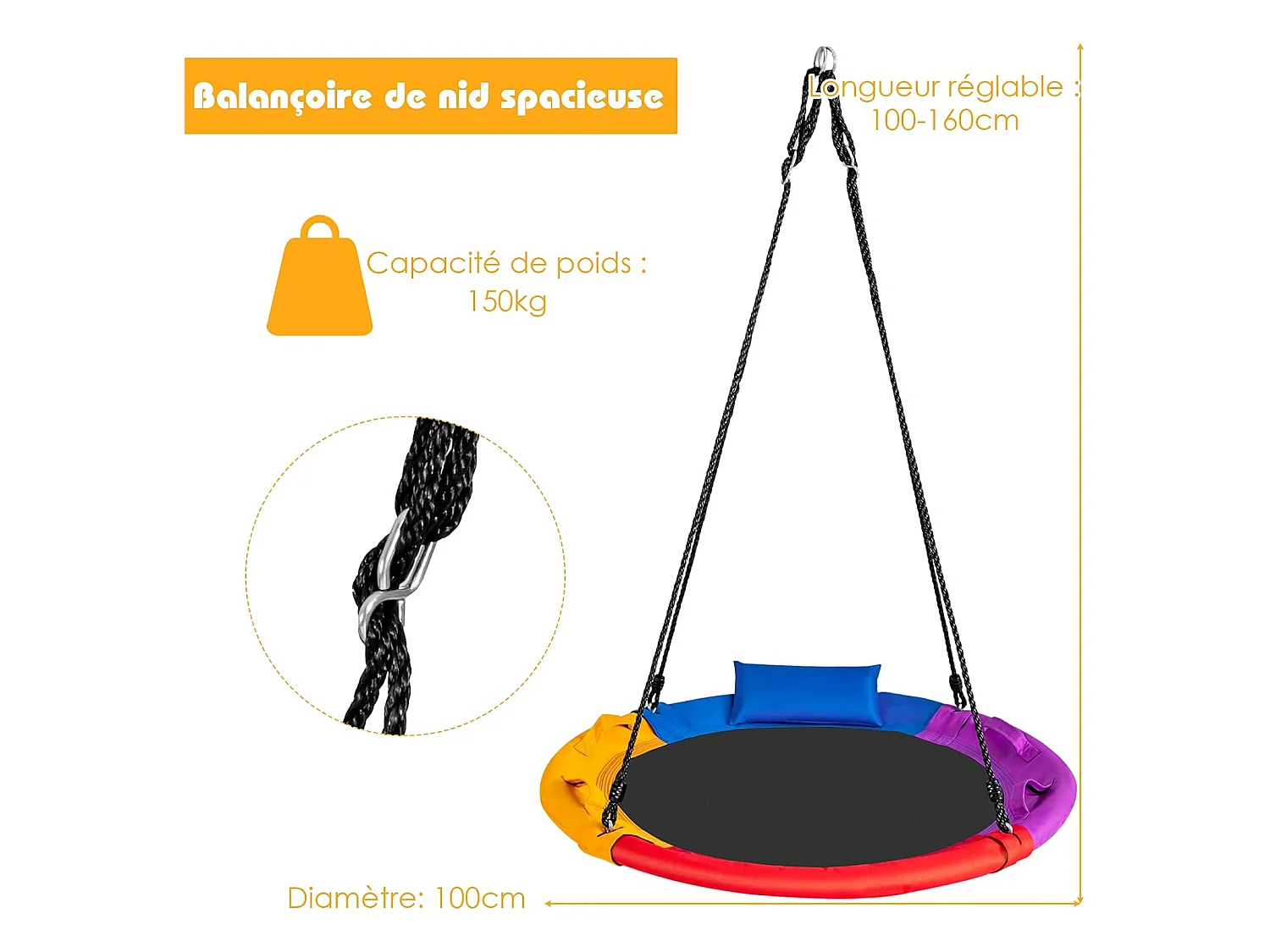 Balançoire Nid d'Oiseau Ronde Ø100CM pour Enfants, avec Oreiller et Poignée Coloré