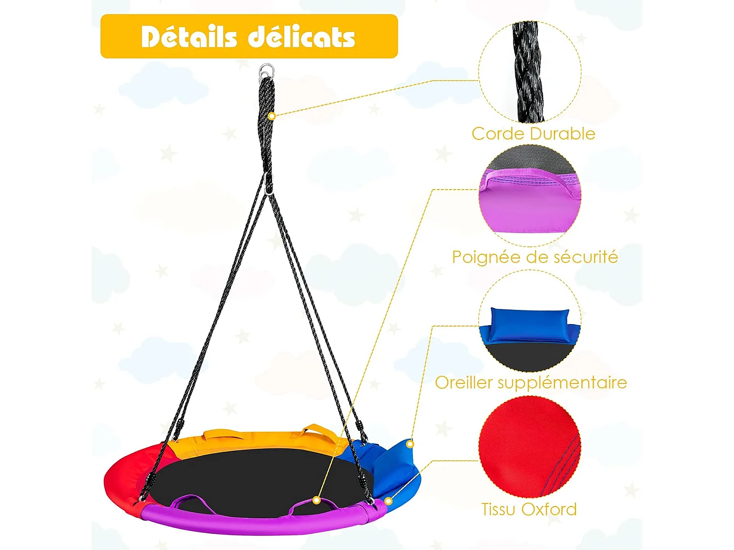 Balançoire Nid d'Oiseau Ronde Ø100CM pour Enfants, avec Oreiller et Poignée Coloré