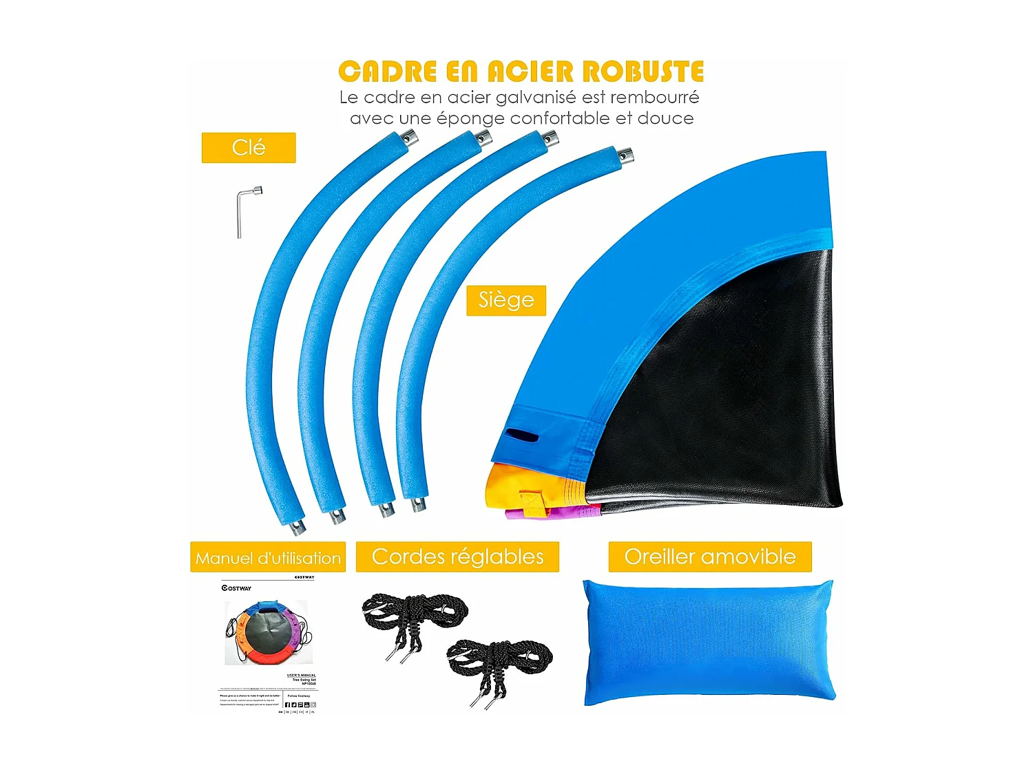 Balançoire Nid d'Oiseau Ronde Ø100CM pour Enfants, avec Oreiller et Poignée Coloré