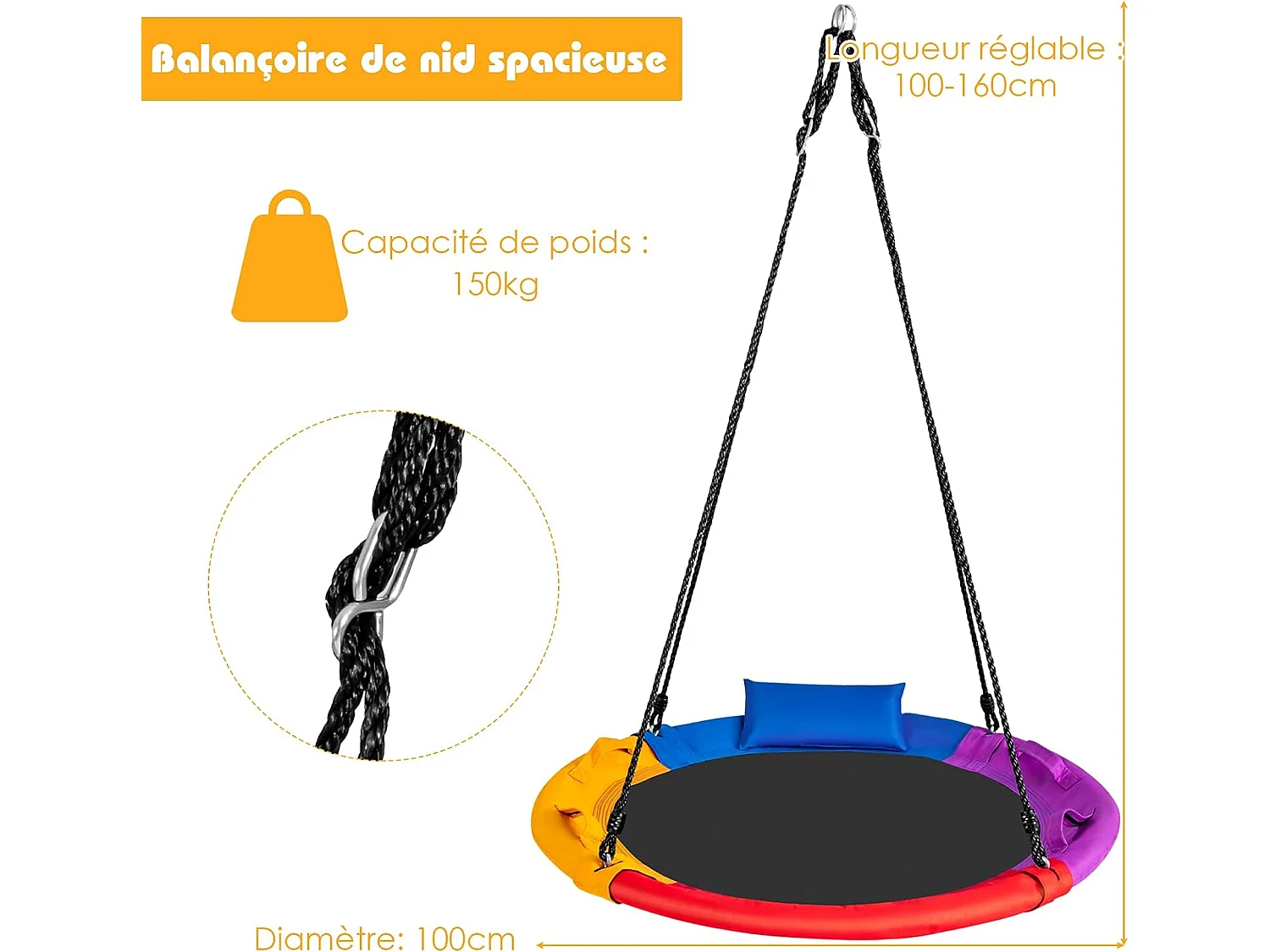 Balançoire Nid d'Oiseau Ronde Ø100CM pour Enfants, avec Oreiller et Poignée Coloré