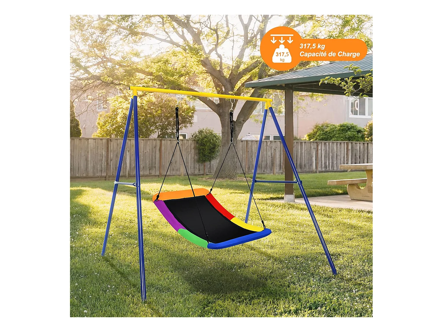 Balançoire Nid d'Oiseau Extérieur Rectangulaire 83 x 155 cm en Tissu et velours Oxford avec Cordes de Réglables Charge Max 120KG arc-en-ciel