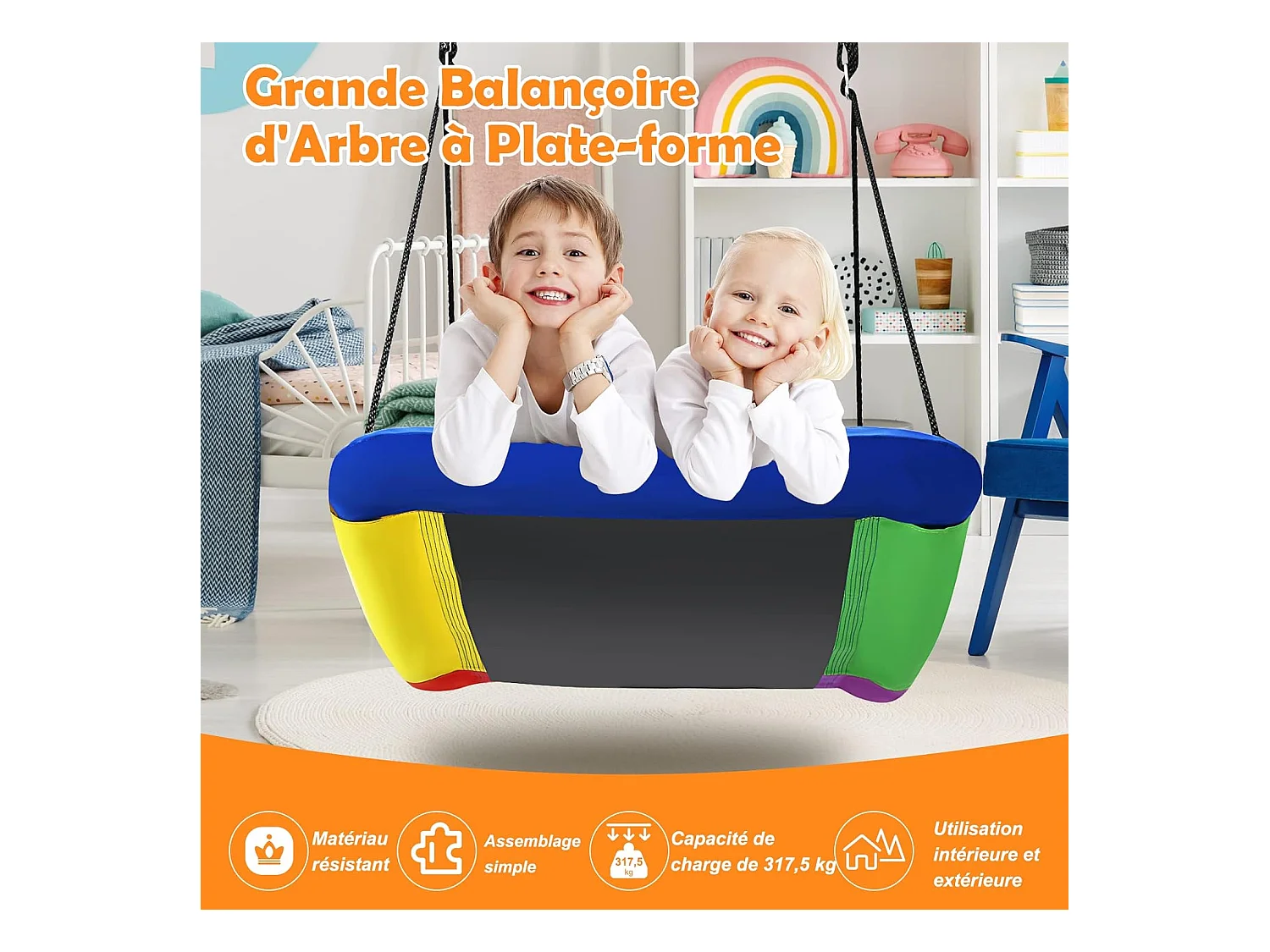 Balançoire Nid d'Oiseau Extérieur Rectangulaire 83 x 155 cm en Tissu et velours Oxford avec Cordes de Réglables Charge Max 120KG arc-en-ciel