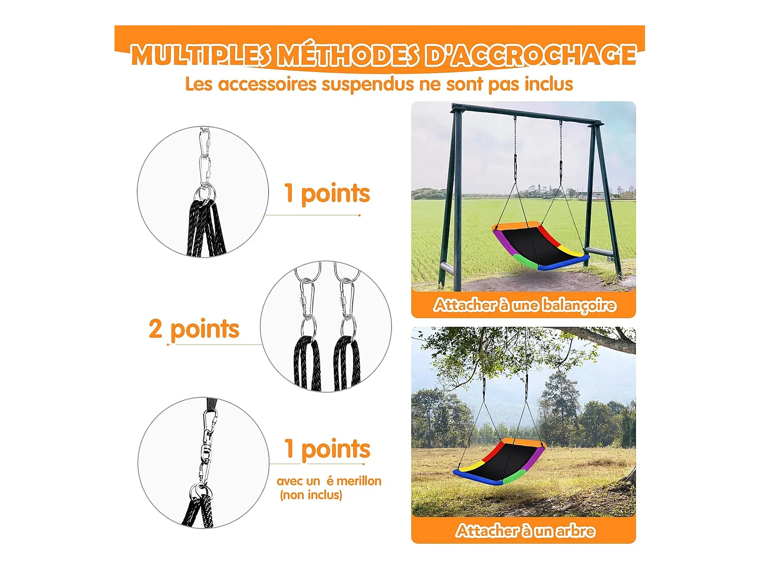 Balançoire Nid d'Oiseau Extérieur Rectangulaire 83 x 155 cm en Tissu et velours Oxford avec Cordes de Réglables Charge Max 120KG arc-en-ciel