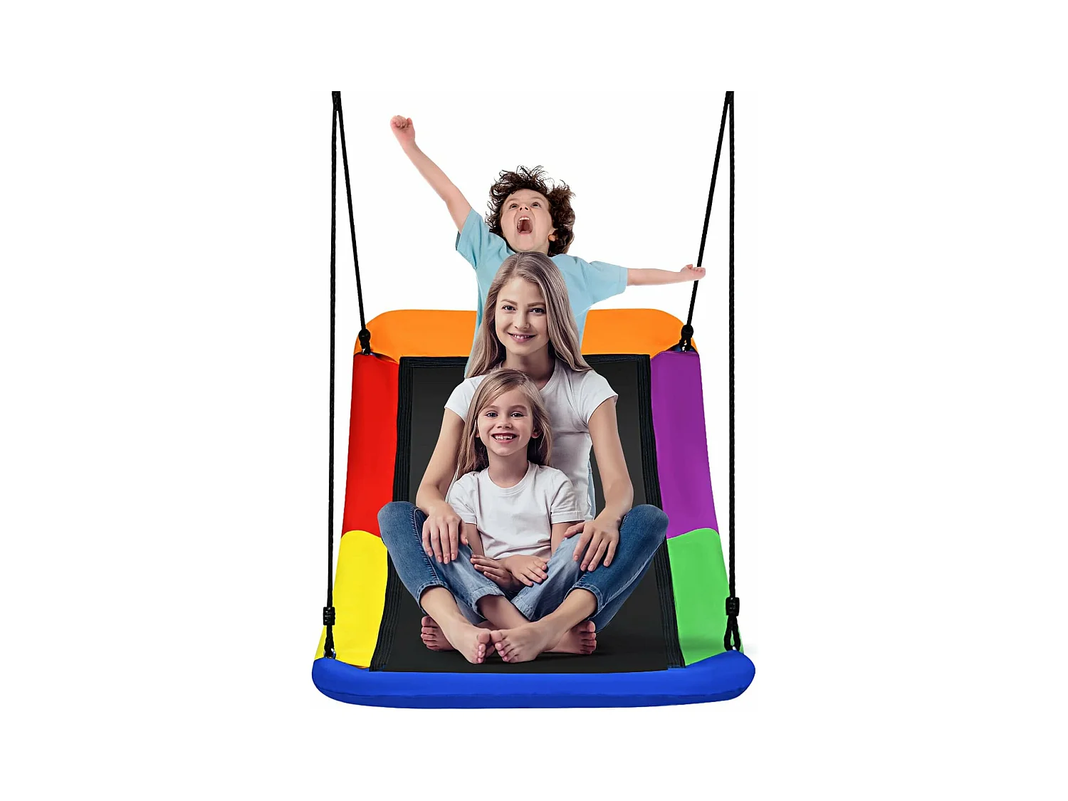 Balançoire Nid d'Oiseau Extérieur Rectangulaire 83 x 155 cm en Tissu et velours Oxford avec Cordes de Réglables Charge Max 120KG arc-en-ciel