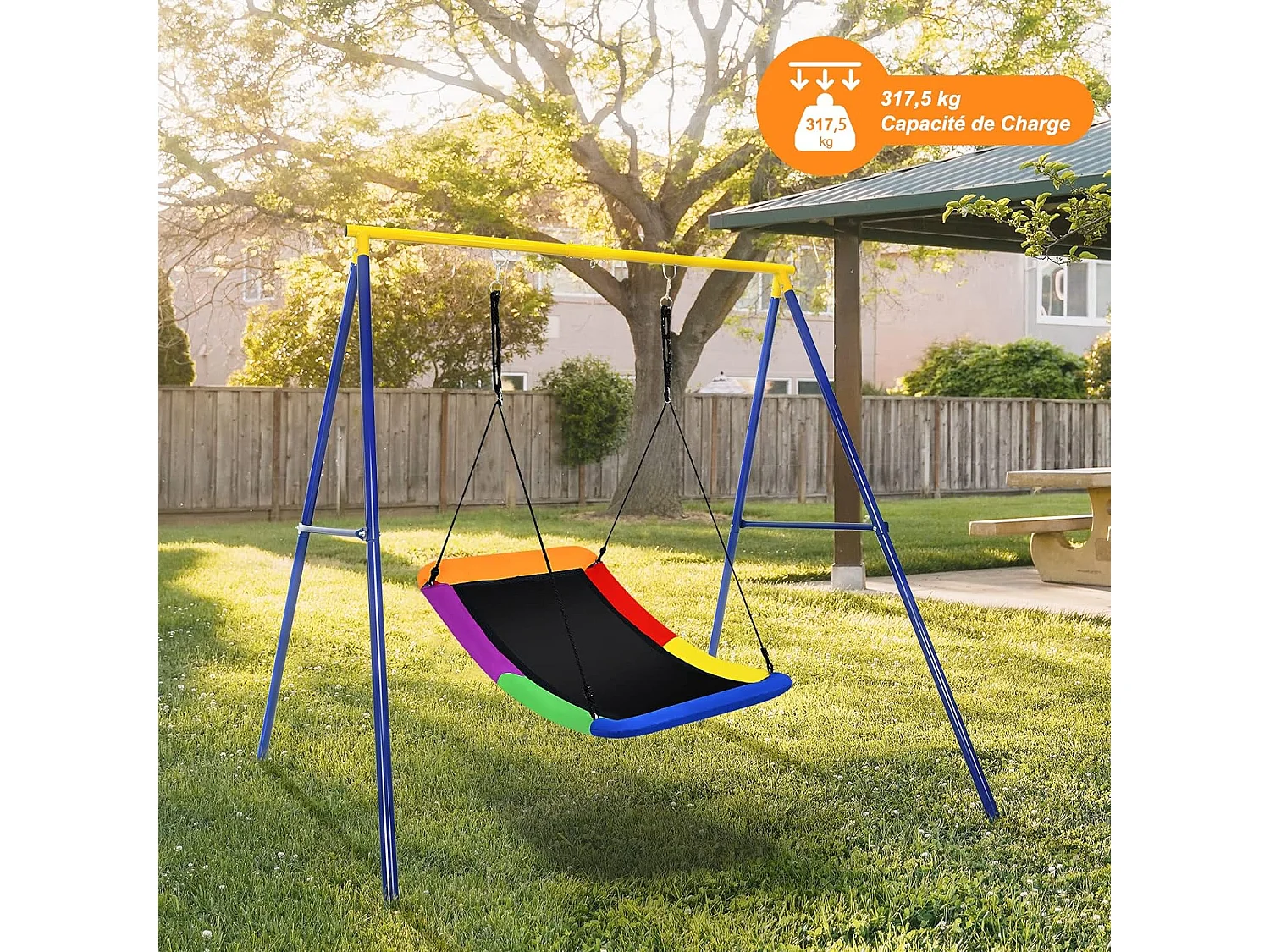 Balançoire Nid d'Oiseau Extérieur Rectangulaire 83 x 155 cm en Tissu et velours Oxford avec Cordes de Réglables Charge Max 120KG arc-en-ciel