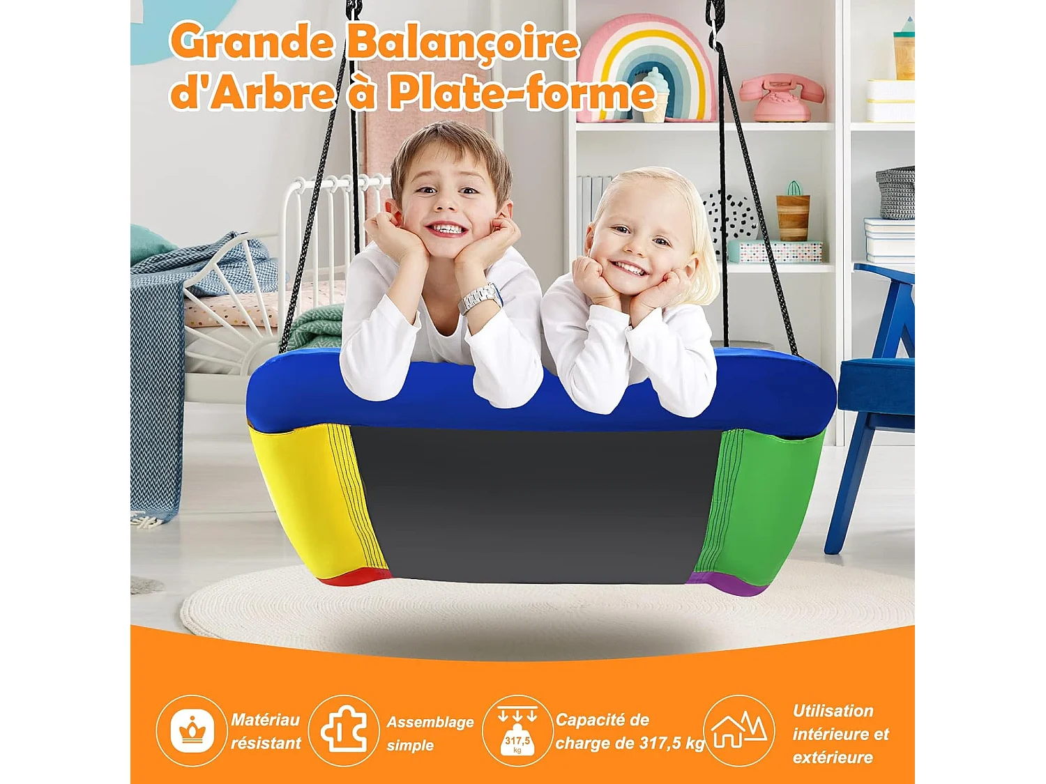 Balançoire Nid d'Oiseau Extérieur Rectangulaire 83 x 155 cm en Tissu et velours Oxford avec Cordes de Réglables Charge Max 120KG arc-en-ciel