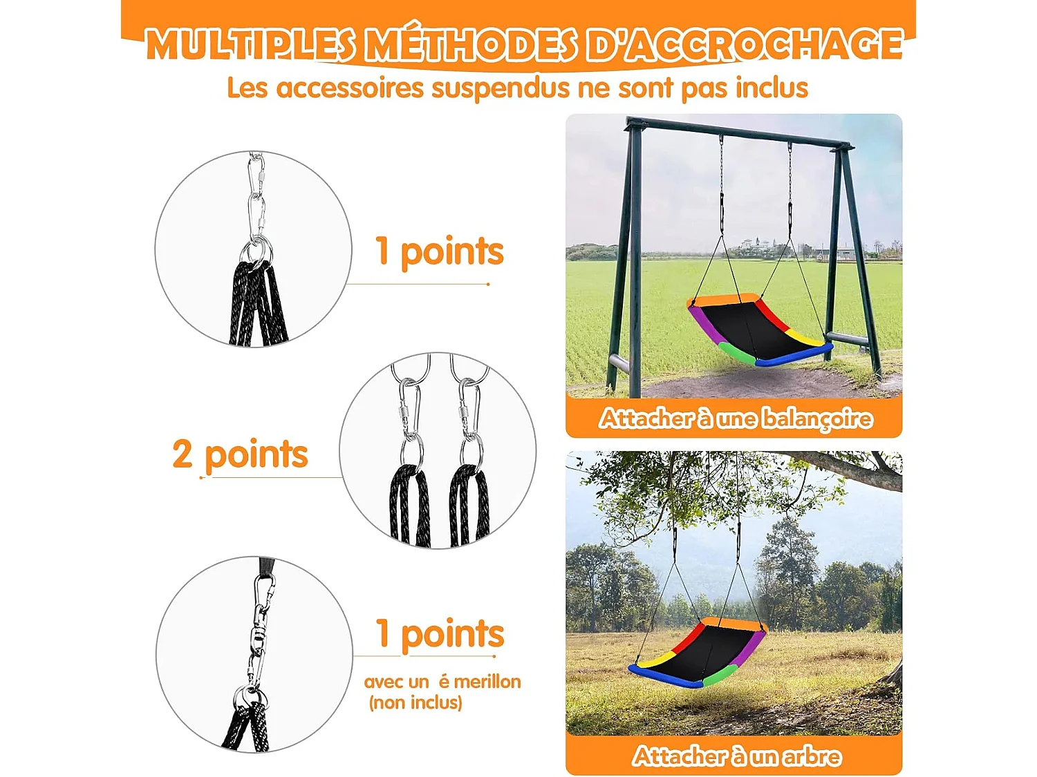 Balançoire Nid d'Oiseau Extérieur Rectangulaire 83 x 155 cm en Tissu et velours Oxford avec Cordes de Réglables Charge Max 120KG arc-en-ciel