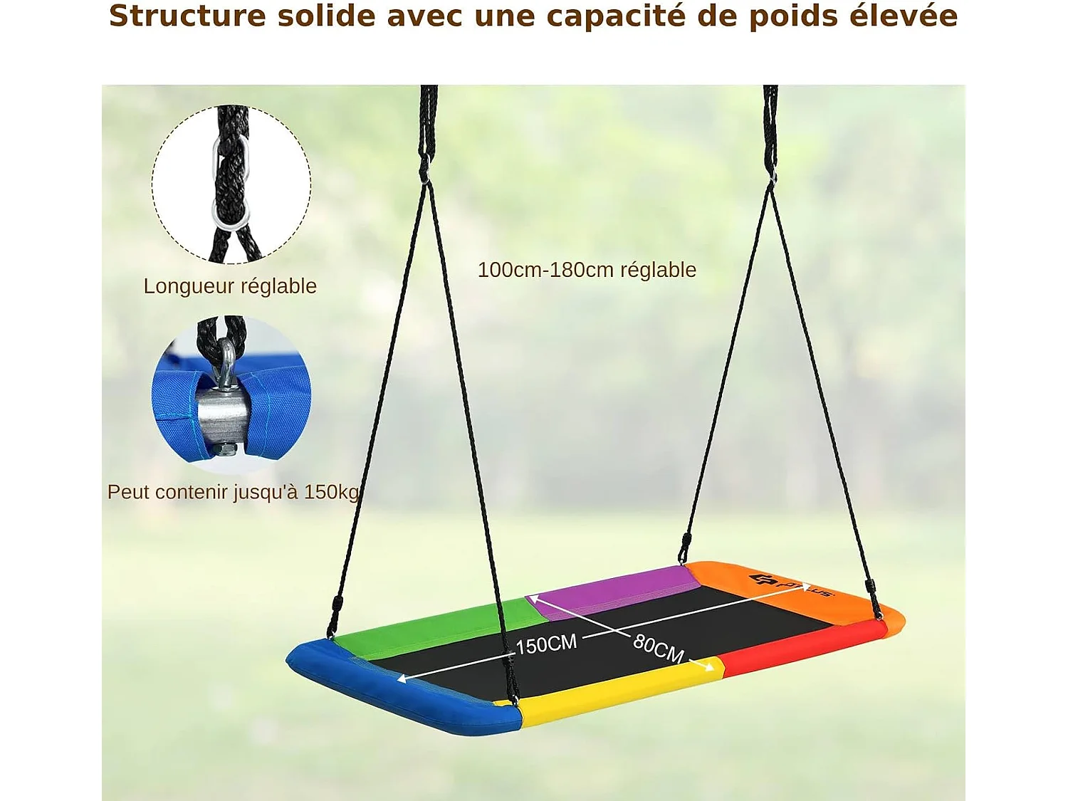 Balançoire nid en plate-forme en tissu oxford avec cordes de suspension hauteur réglable 100-180cm