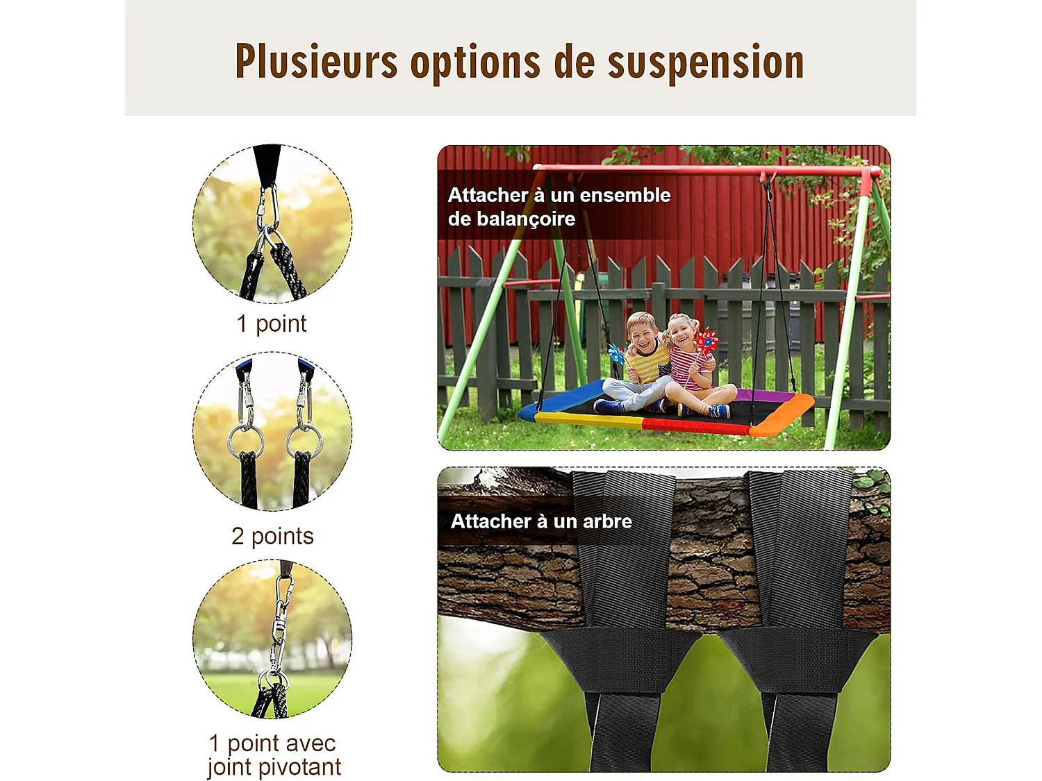 Balançoire nid en plate-forme en tissu oxford avec cordes de suspension hauteur réglable 100-180cm