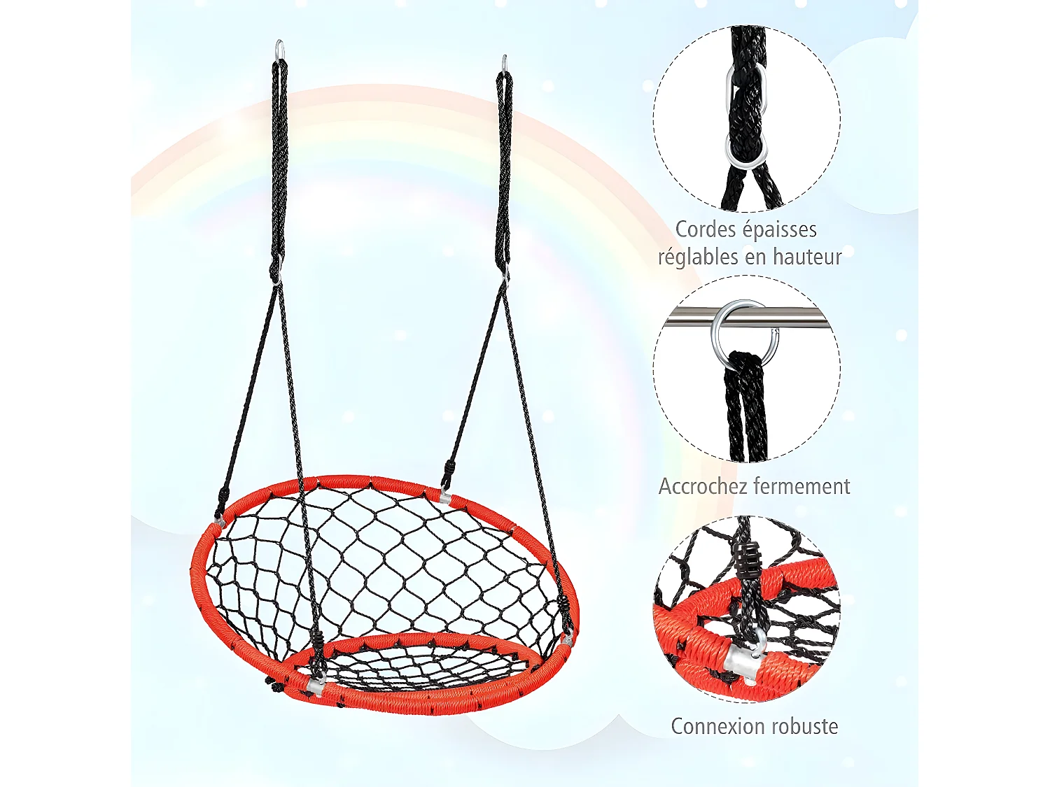 Fauteuil hamac suspendu en filet en hauteur réglables 100-160cm et cadre en acier charge 150kg
