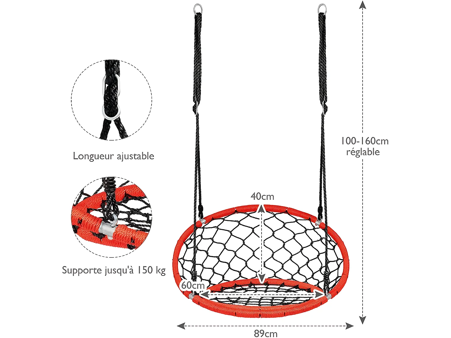 Fauteuil hamac suspendu en filet en hauteur réglables 100-160cm et cadre en acier charge 150kg