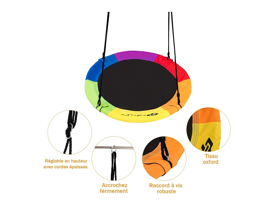 Balançoire nid d'oiseau rond 100 cm de diamètre supporté de charge de 150 kg multicolore