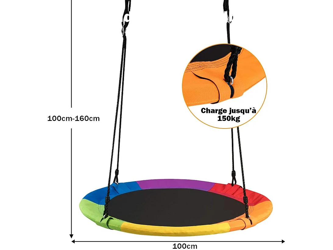 Balançoire nid d'oiseau rond 100 cm de diamètre supporté de charge de 150 kg multicolore