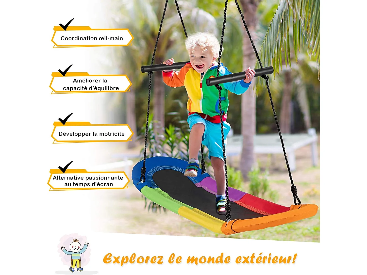 Balançoire Arbre Réglable en Hauteur 100-160CM Structure en Métal avec Poignées pour l'Intérieur et l'Extérieur Coloré