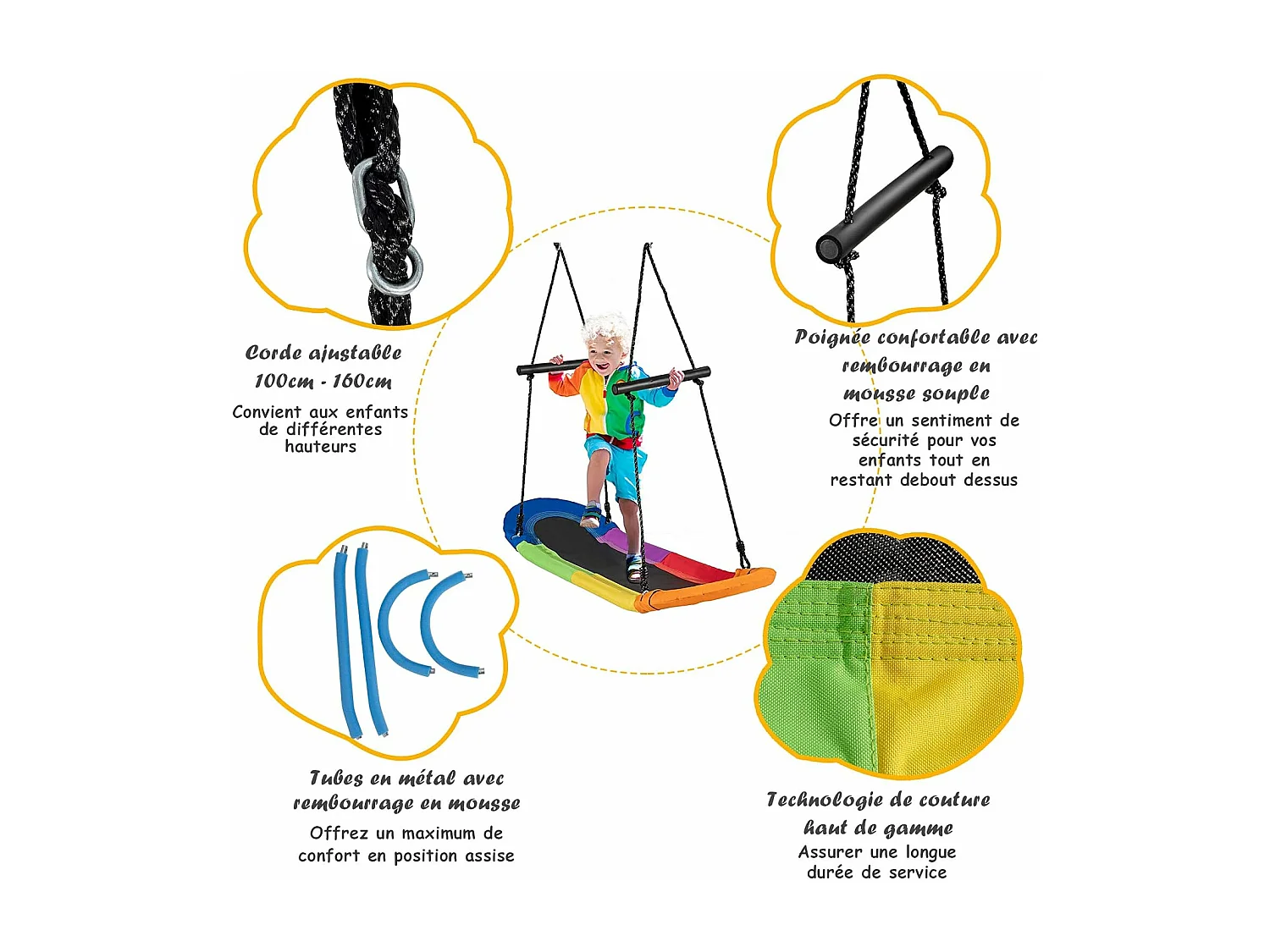 Balançoire Arbre Réglable en Hauteur 100-160CM Structure en Métal avec Poignées pour l'Intérieur et l'Extérieur Coloré