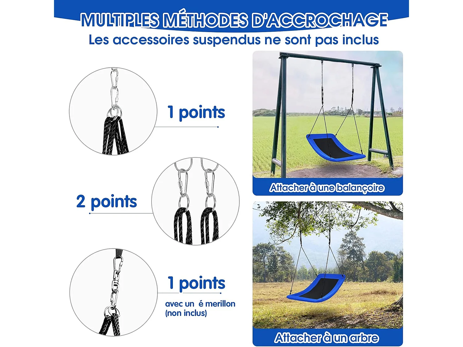 Balançoire Nid d'Oiseau Extérieur Rectangulaire 83 x 155 cm en Tissu et velours Oxford avec Cordes de Réglables Charge Max 120KG Bleu