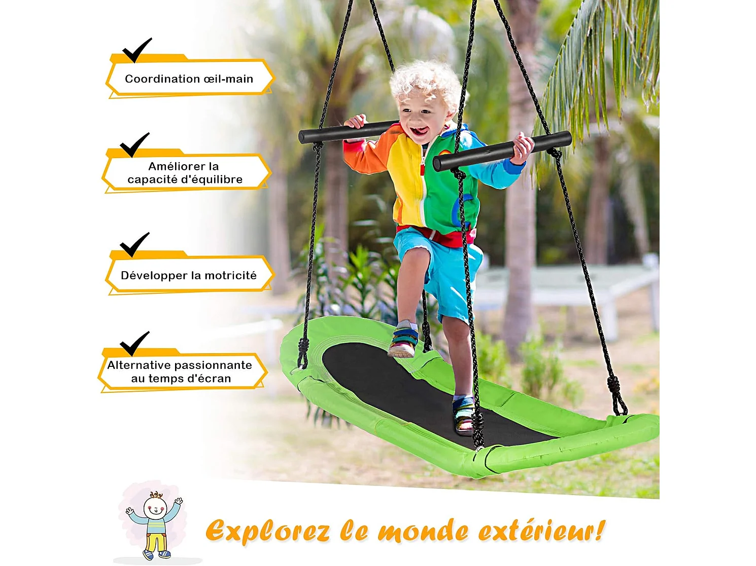 Balançoire Arbre Réglable en Hauteur 100-160CM Structure en Métal avec Poignées pour l'Intérieur et l'Extérieur Vert