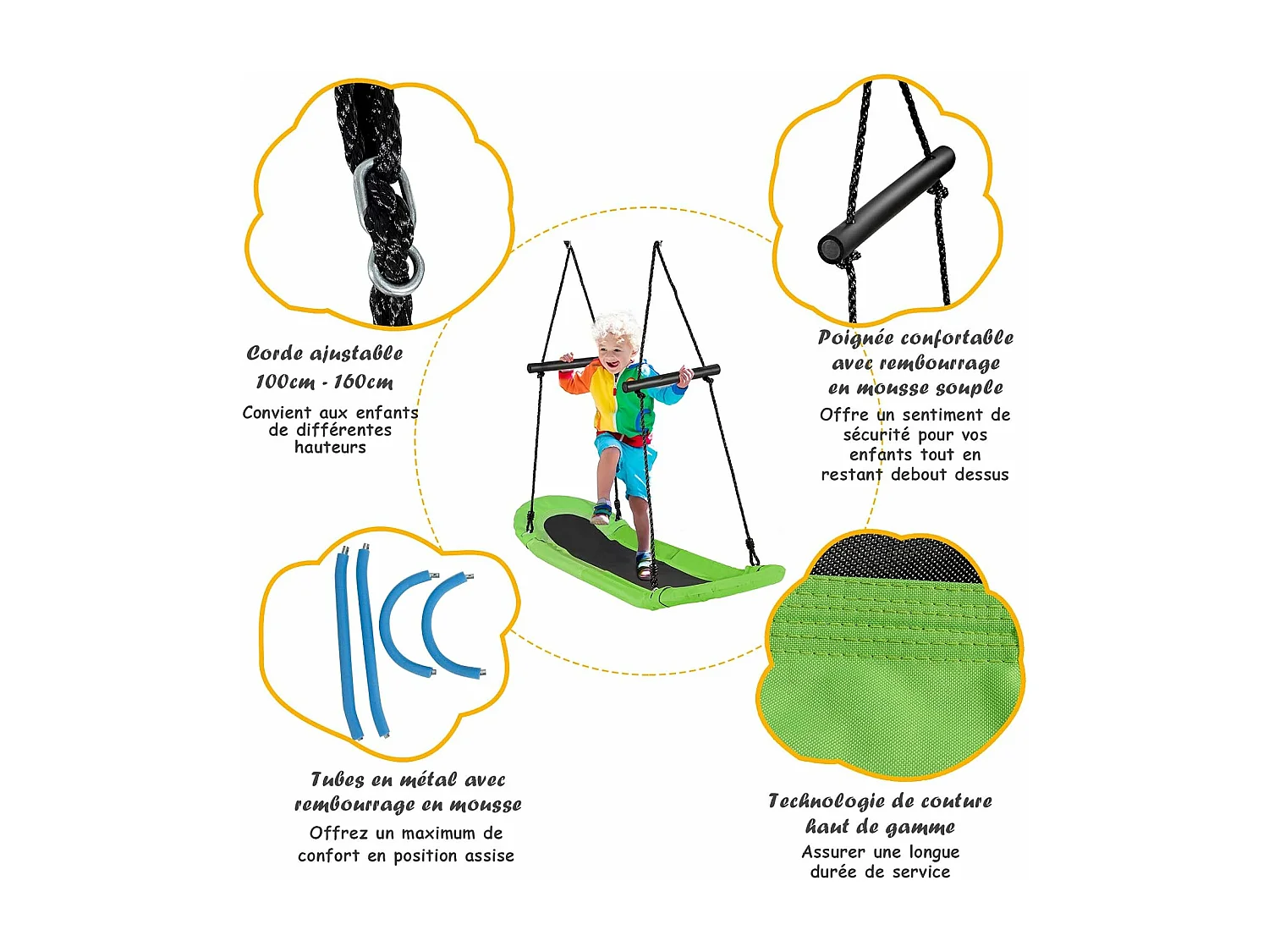 Balançoire Arbre Réglable en Hauteur 100-160CM Structure en Métal avec Poignées pour l'Intérieur et l'Extérieur Vert