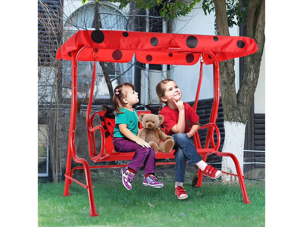 Balancelle de Jardin pour Enfants 2 Places,Toit Anti-UV Balançoire Jardin pour Enfants Chaise Bascule pour Enfants （Rouge）