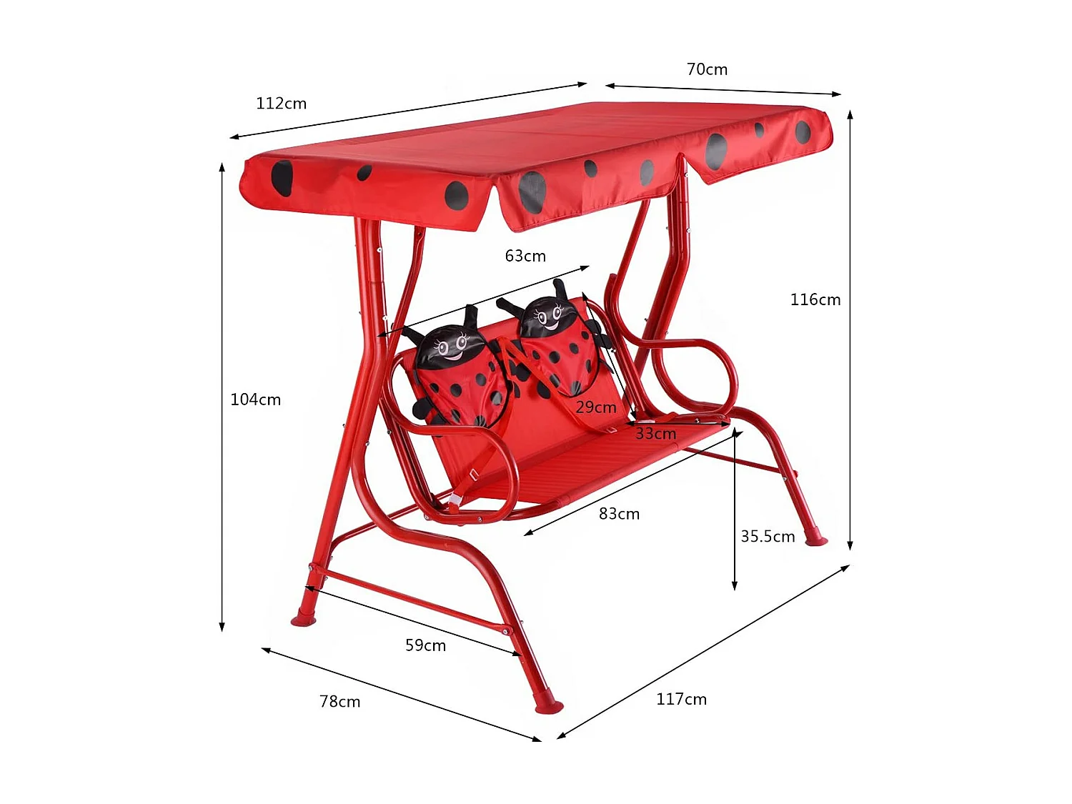 Balancelle de Jardin pour Enfants 2 Places,Toit Anti-UV Balançoire Jardin pour Enfants Chaise Bascule pour Enfants （Rouge）