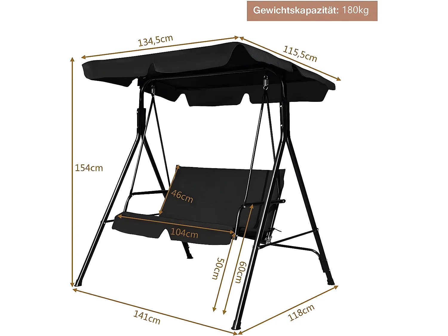 Balancelle de Jardin sur Pied pour 2 Personnes Résistant à L’UV avec Toit Imperméabilisant Idéal pour Jardin Noir