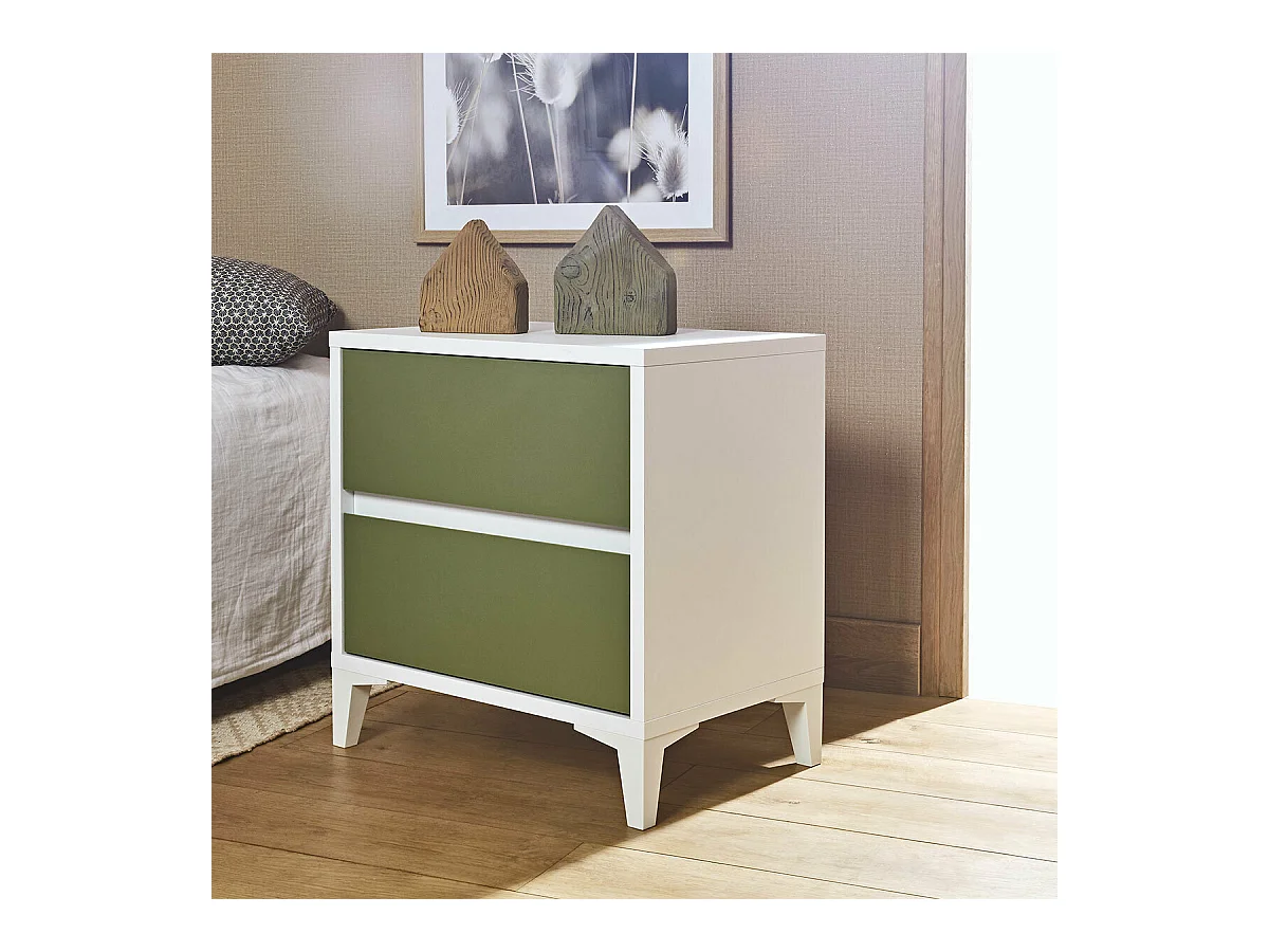 Chevet 2 tiroirs  panneaux de fibres blanc et vert KIMA