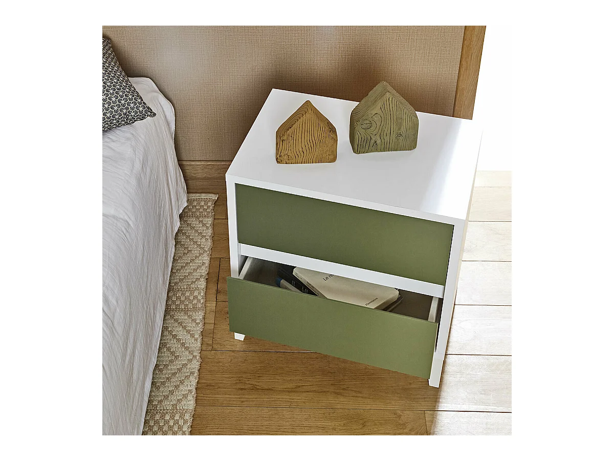 Chevet 2 tiroirs  panneaux de fibres blanc et vert KIMA