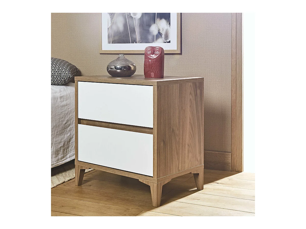 Chevet 2 tiroirs  panneaux de fibres noyer et blanc KIMA