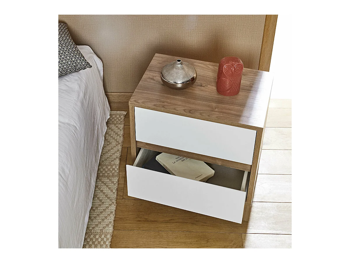 Chevet 2 tiroirs  panneaux de fibres noyer et blanc KIMA