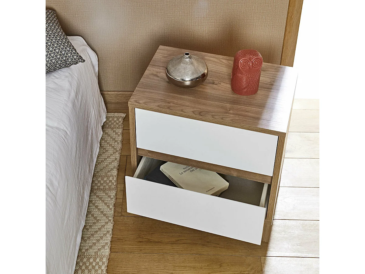 Chevet 2 tiroirs  panneaux de fibres noyer et blanc KIMA