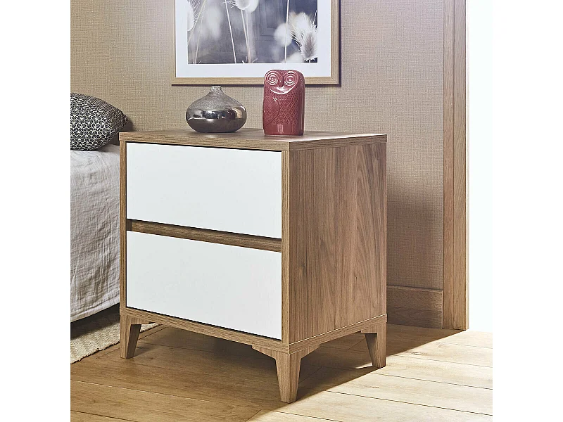Chevet 2 tiroirs  panneaux de fibres noyer et blanc KIMA