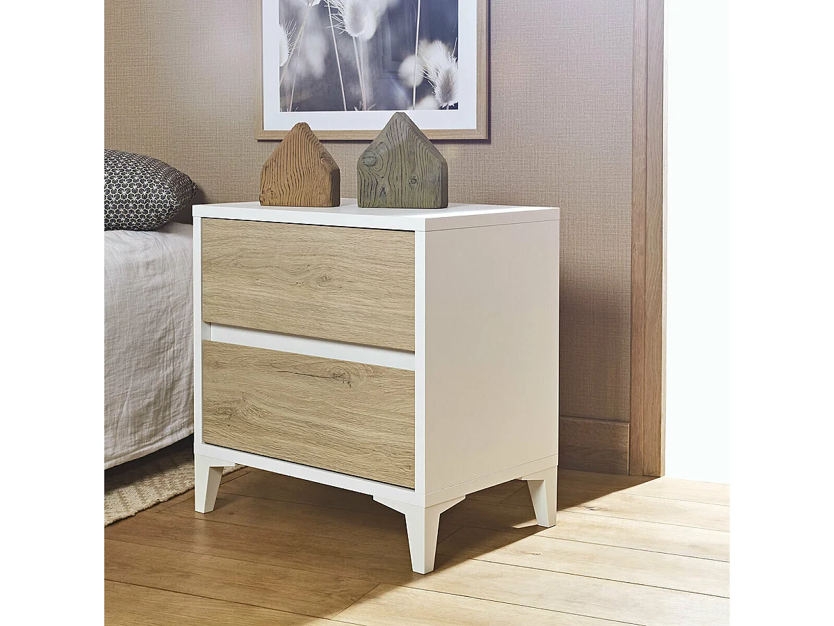 Chevet 2 tiroirs  panneaux de fibres blanc et chêne KIMA