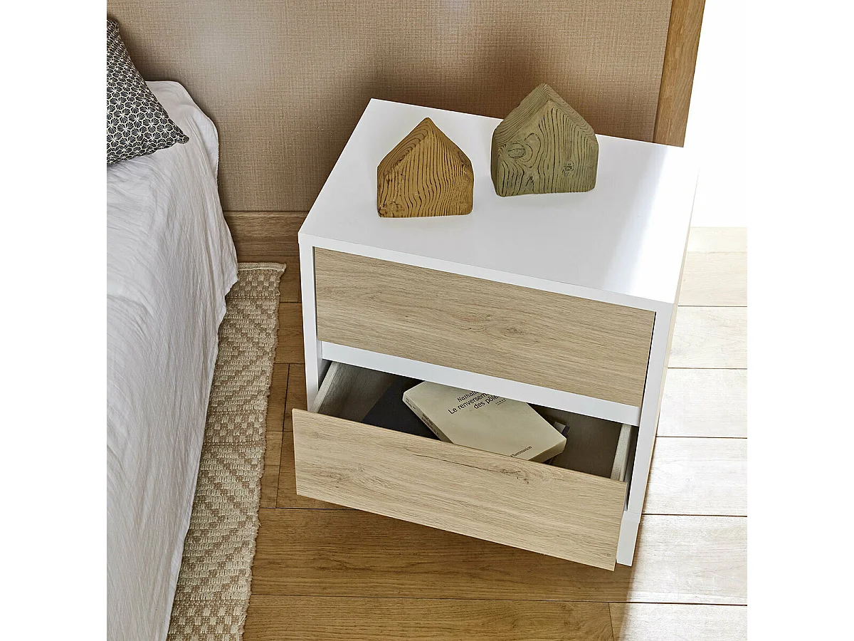 Chevet 2 tiroirs  panneaux de fibres blanc et chêne KIMA