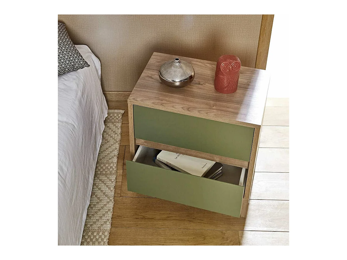 Chevet 2 tiroirs  panneaux de fibres noyer et vert KIMA