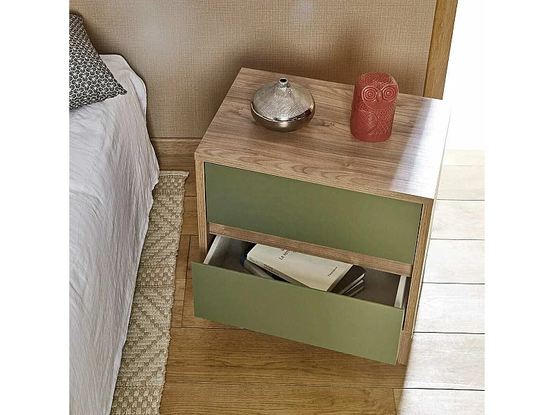 Chevet 2 tiroirs  panneaux de fibres noyer et vert KIMA