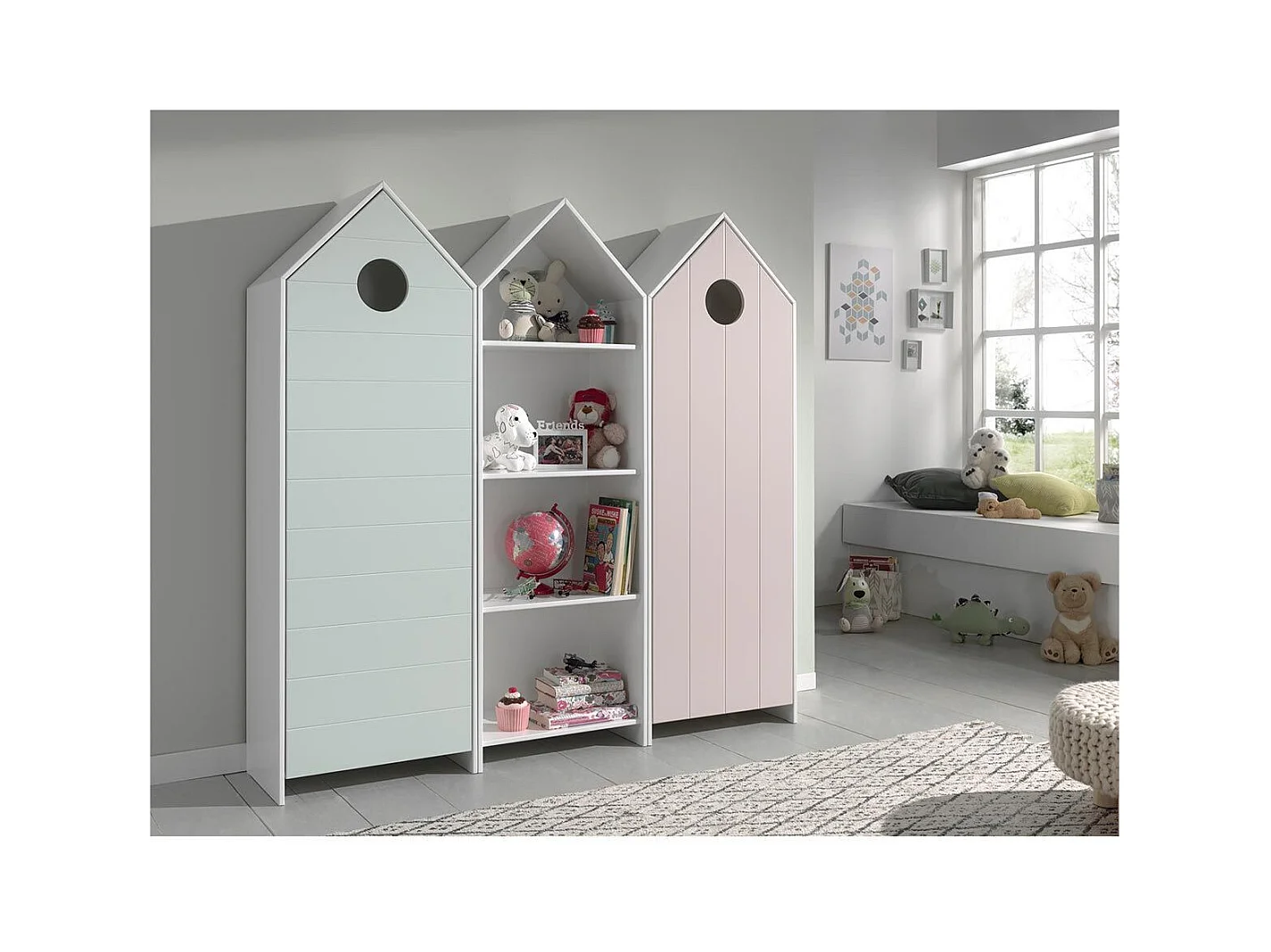 Pack - Étagère Enfant & 2 Armoires "Casami" Blanc, Menthe & Rose