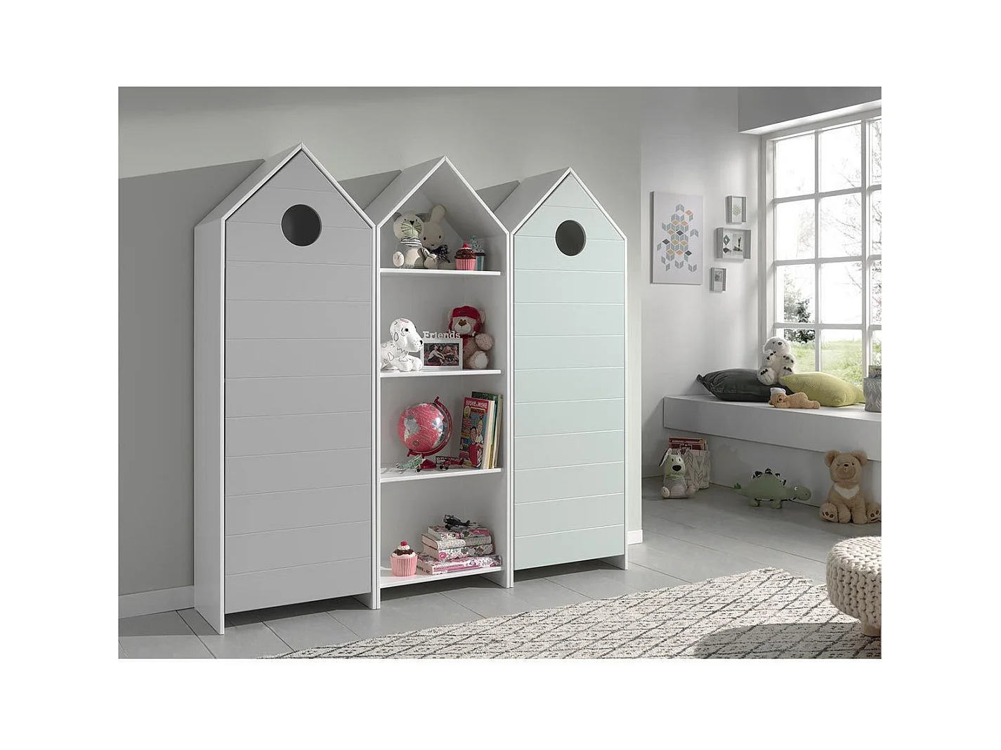 Pack - Étagère Enfant & 2 Armoires "Casami" Blanc, Gris & Menthe