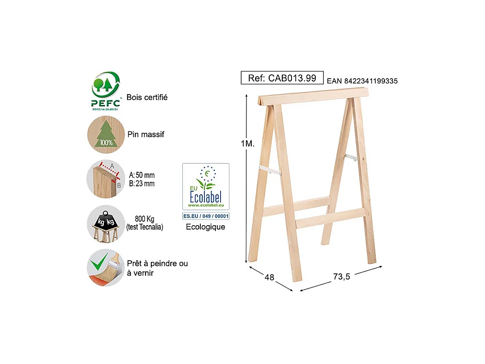 Tréteau en pin 1m de hauteur section 50x23 mm