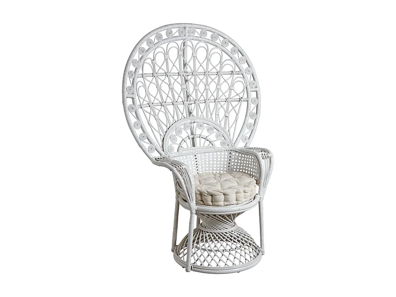 Fauteuil Emmanuelle en rotin laqué blanc avec coussin