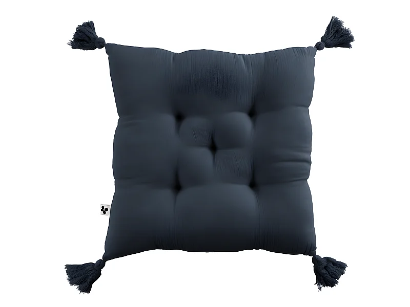 Coussin capitonné 5 points avec pompons "Gaïa" 40 x 40 cm "Gaze de Coton"