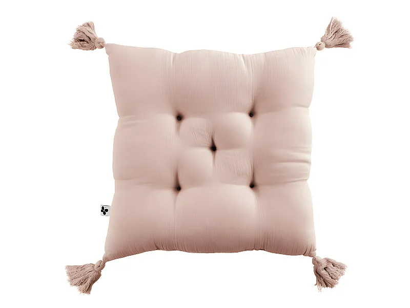 Coussin capitonné 5 points avec pompons "Gaïa" 40 x 40 cm "Gaze de Coton"