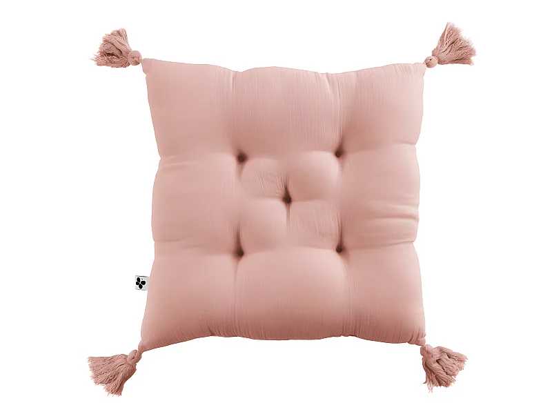 Coussin capitonné 5 points avec pompons "Gaïa" 40 x 40 cm "Gaze de Coton"