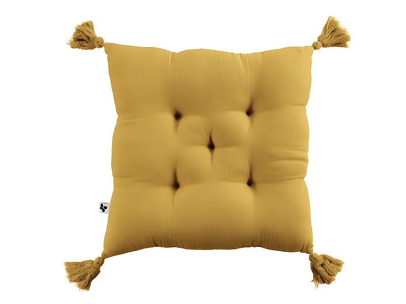 Coussin capitonné 5 points avec pompons "Gaïa" 40 x 40 cm "Gaze de Coton"