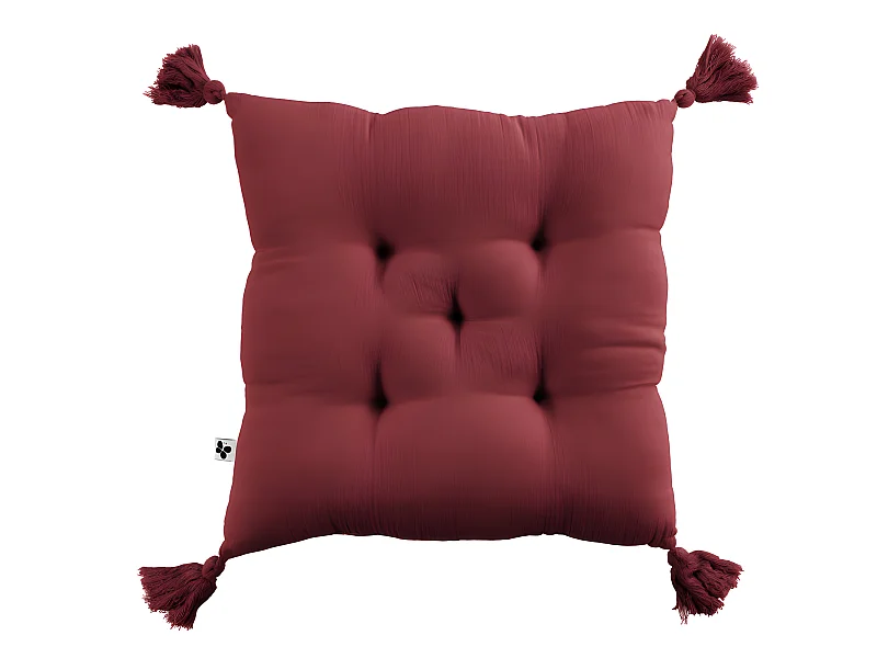 Coussin capitonné 5 points avec pompons "Gaïa" 40 x 40 cm "Gaze de Coton"